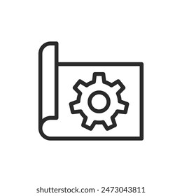 Blueprint with gear, linear style icon. Blueprint or plan with a gear, construction or engineering project. Editable stroke width.