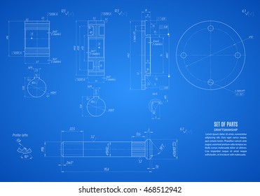 plano de engranajes y ejes, plano técnico del proyecto sobre el fondo azul. peajes de ilustración vectorial10
