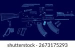 Blueprint of a gun displayed in wireframe style on a blue background, highlighting intricate mechanical components. Detailed view showcases barrel, trigger, and internal mechanisms.