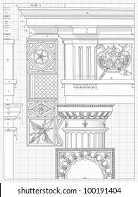 Blueprint - hand draw sketch doric architectural order based "The Five Orders of Architecture" is a book on architecture by Giacomo Barozzi da Vignola from 1593. Vector illustration.