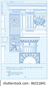 Blueprint - hand draw sketch doric architectural order based "The Five Orders of Architecture" is a book on architecture by Giacomo Barozzi da Vignola from 1593. Vector illustration.