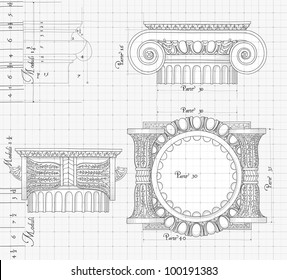 Blueprint - hand draw sketch ionic architectural order based "The Five Orders of Architecture" is a book on architecture by Giacomo Barozzi da Vignola from 1593. Vector illustration.