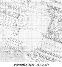 Blueprint - hand draw sketch ionic architectural order based "The Five Orders of Architecture" is a book on architecture by Giacomo Barozzi da Vignola from 1593. Vector illustration.