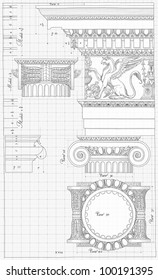 Blueprint - hand draw sketch ionic architectural order based "The Five Orders of Architecture" is a book on architecture by Giacomo Barozzi da Vignola from 1593. Vector illustration.