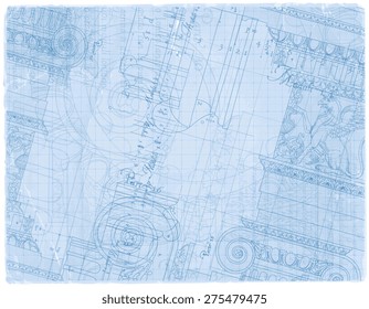 Blueprint - hand draw sketch ionic architectural order based "The Five Orders of Architecture" is a book on architecture by Giacomo Barozzi da Vignola from 1593. Vector illustration.