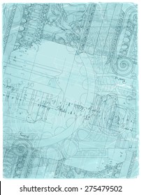 Blueprint - hand draw sketch ionic architectural order based "The Five Orders of Architecture" is a book on architecture by Giacomo Barozzi da Vignola from 1593. Vector illustration.