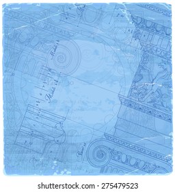 Blueprint - dibujo a mano orden arquitectónico iónico basado en "Las cinco órdenes de la arquitectura" es un libro sobre arquitectura de Giacomo Barozzi da Vignola de 1593. Ilustración vectorial.