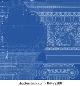 Blueprint. Hand draw sketch ionic architectural order based "The Five Orders of Architecture" is a book on architecture by Giacomo Barozzi da Vignola from 1593.