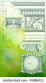 Blueprint - hand draw sketch ionic architectural order & green bokeh background