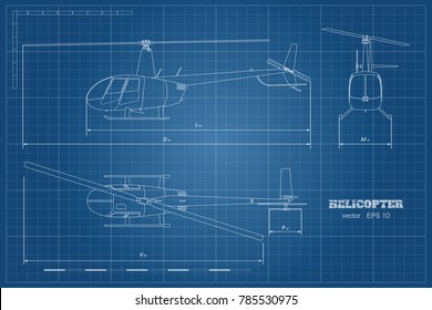 Blueprint of helicopter. Top, front and side view. Detailed image of business vehicle.  Industrial isolated drawing. Copter in outline style. Vector illustration
