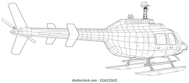 Plano azul del helicóptero. Concepto del modelo de alambres del vector. Azul morado. Ilustración creada de 3d.