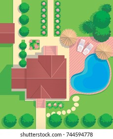 Blueprint of house with lawn and pool