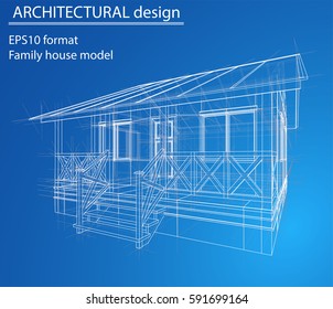Blueprint of house. Wire-frame style. 3D rendering Vector Illustration
