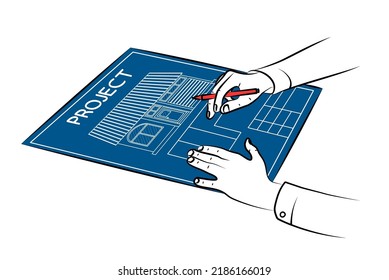Blueprint of house. Work on project of future country house. Verification of project documentation for construction of real estate. Sketch, editable linear contour drawing in minimalist style