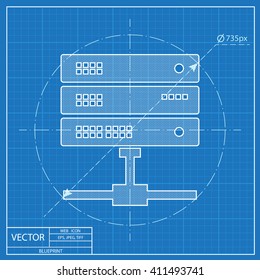 blueprint icon of computer server. Super computer web UI pictogram. Big data calculations symbol