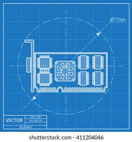 Blueprint icon of computer video card. Desktop computer parts pictogram. Technology vector illustration