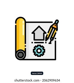 Blueprint-Symbol. Baubezogene Vektorsymbole. Bau-, Bau- und Heimwerkerwerkzeuge Icon Concept. Vektor EPS10