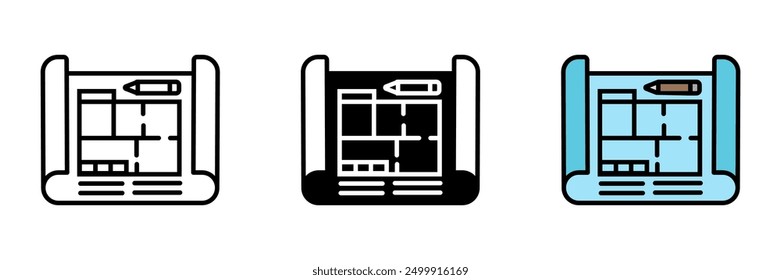 Blueprint Icon, Detailed architectural or engineering design document, providing technical specifications and plans for construction and development.