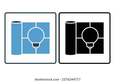 Blueprint Icon. Blueprint with lightblub. icon related to Real estate. suitable for web site, app, user interfaces, printable etc. Solid icon style. Simple vector design editable