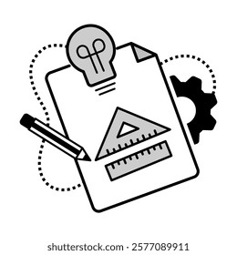 Blueprint Icon – Ruler with Document, Gear, and Pencil Representing Architectural and Construction Planning