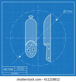 Blueprint icon of salami with knife 