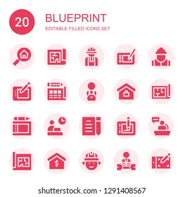 blueprint icon set. Collection of 20 filled blueprint icons included Real estate, Blueprint, Worker, Graphic tablet, Architecture, Draft, Engineering