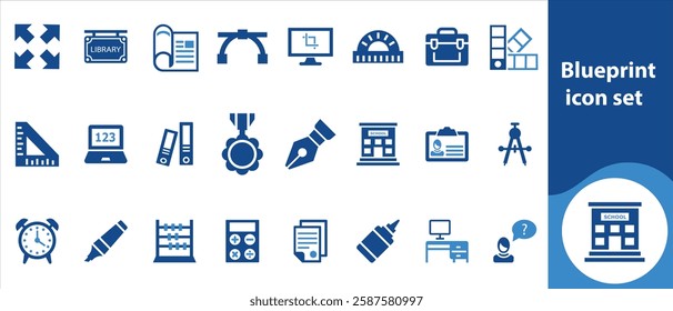 Blueprint icon set, contract, electrical, certificate of occupancy, landscaping, plumbing, insulation, bulldozer, concrete, steel, flooring, ventilation, foundation, as-built drawing,