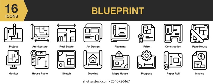 Blueprint icon set. Includes invoice, maps house, plan, paper roll, project, and More. Outline icons vector collection.