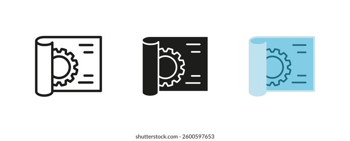 Blueprint icon. Technical drawing with a gear vector illustration. Engineering, architecture and industrial design symbol. Used in construction, mechanical projects and innovation concepts.