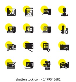 blueprint icons. Editable 16 blueprint icons. Included icons such as Plan, Real estate, Blueprint, Graphic tablet, Planning, Worker. trendy icons for web.