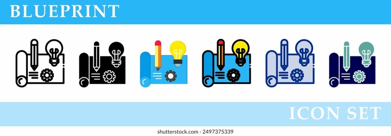Blueprint icons set. 6 Various styles. For sign, symbol, element, presentation, infographic or web graphics. Vector Illustration.