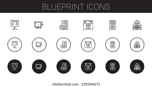 blueprint icons set. Collection of blueprint with planning, graphic tablet, real estate, chair and table. Editable and scalable blueprint icons.