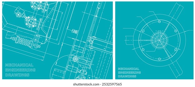 Blueprint illustration set. Engine line drawing