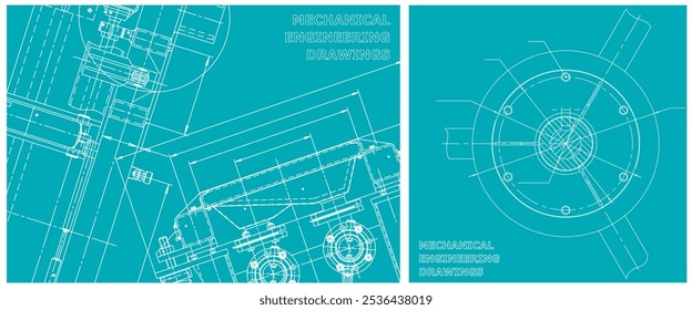 Blueprint illustration set. Engine line drawing