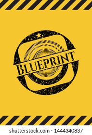Blueprint inside warning sign, black grunge emblem. Vector Illustration. Detailed.