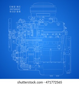 blueprint of internal combustion engine in sectional view, technical drawing of the project on a blue background. stock vector illustration