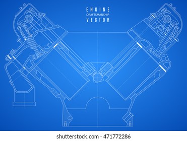 blueprint of internal combustion engine in transverse cut, technical drawing of the project on a blue background. stock vector illustration