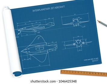 Blueprint interplanetary jet aircraft vector illustration