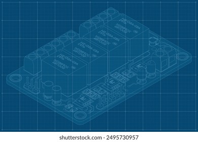 Blueprint of isometric electronic board. Isometric printed circuit board with electronic components. Electronic components and integrated circuit board