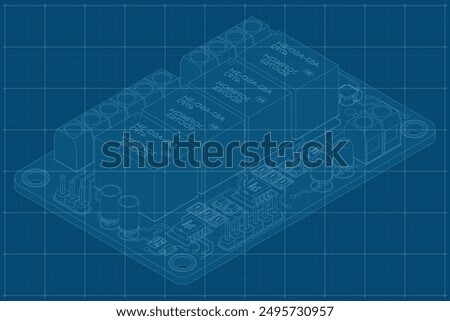 Blueprint of isometric electronic board. Isometric printed circuit board with electronic components. Electronic components and integrated circuit board