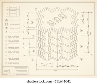 Blueprint isometric plan of a residential building. Drawing of the jotting sketch of the construction and the industrial skeleton of the structure  and dimensions