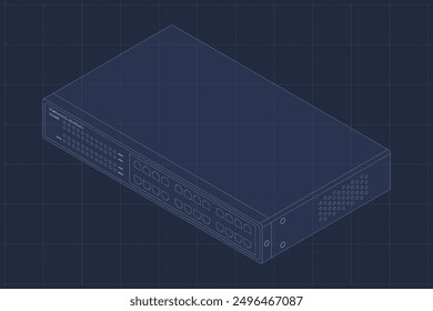Blueprint of isometric switch. Networking ethernet switch. Isometric switch. Network technology. Vector illustration