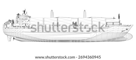 Blueprint of a large cargo container ship in 3D wireframe view. The detailed model shows the hull, superstructure, and other structural features on a plain white background.