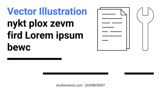 Blueprint layout featuring a wrench icon and a document with placeholder text. Ideal for technical manuals, business reports, educational content, DIY guides, construction, engineering, and software