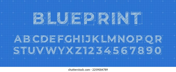 Blueprint lettering. Construction engineer font, architectural alphabet letters and numbers on blue measurement grid background. Vector symbols set. Font for building or architectural project