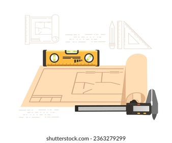 Blueprint level and measuring device vector illustration on white background