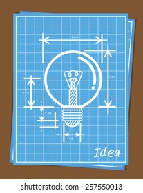 Blueprint of light bulb is white linear drawing