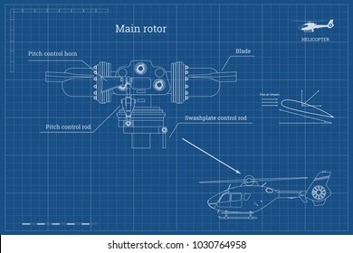 Blueprint of main rotor of helicopter in outline style. Industrial drawing of gearbox part. Detailed isolated image of craft propeller. Vector illustration