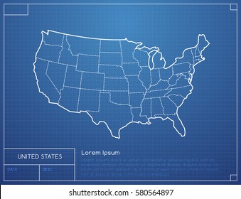 Blueprint with map of the united states of america vector illustration