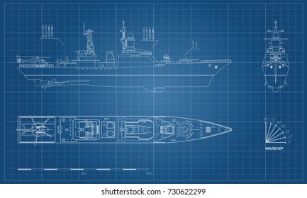 Blueprint of military ship. Top, front and side view. Battleship model. Industrial drawing. Warship in outline style. Vector illustration